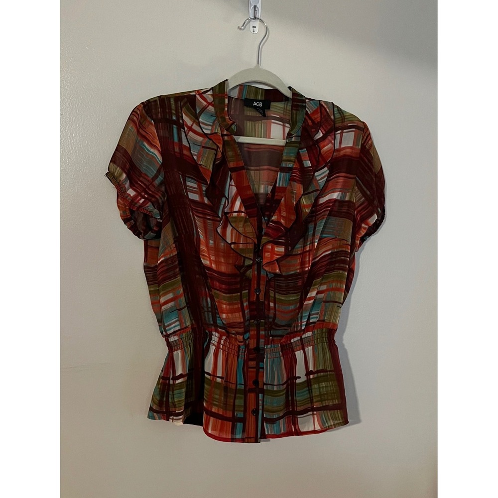AGB Women Plaid Ruffle V-Neck Peplum Blouse with Camisole Multi-Color Large